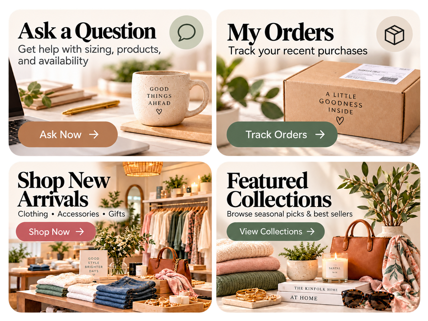 Boutique app examples: Ask a Question, My Orders, Shop New Arrivals, and Featured Collections